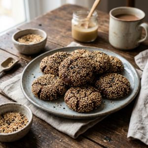 Plate of chocolate cookies coated with sesame seeds, small bowls with more sesame seeds, jar of tahini, and a mug of tea on a wooden table